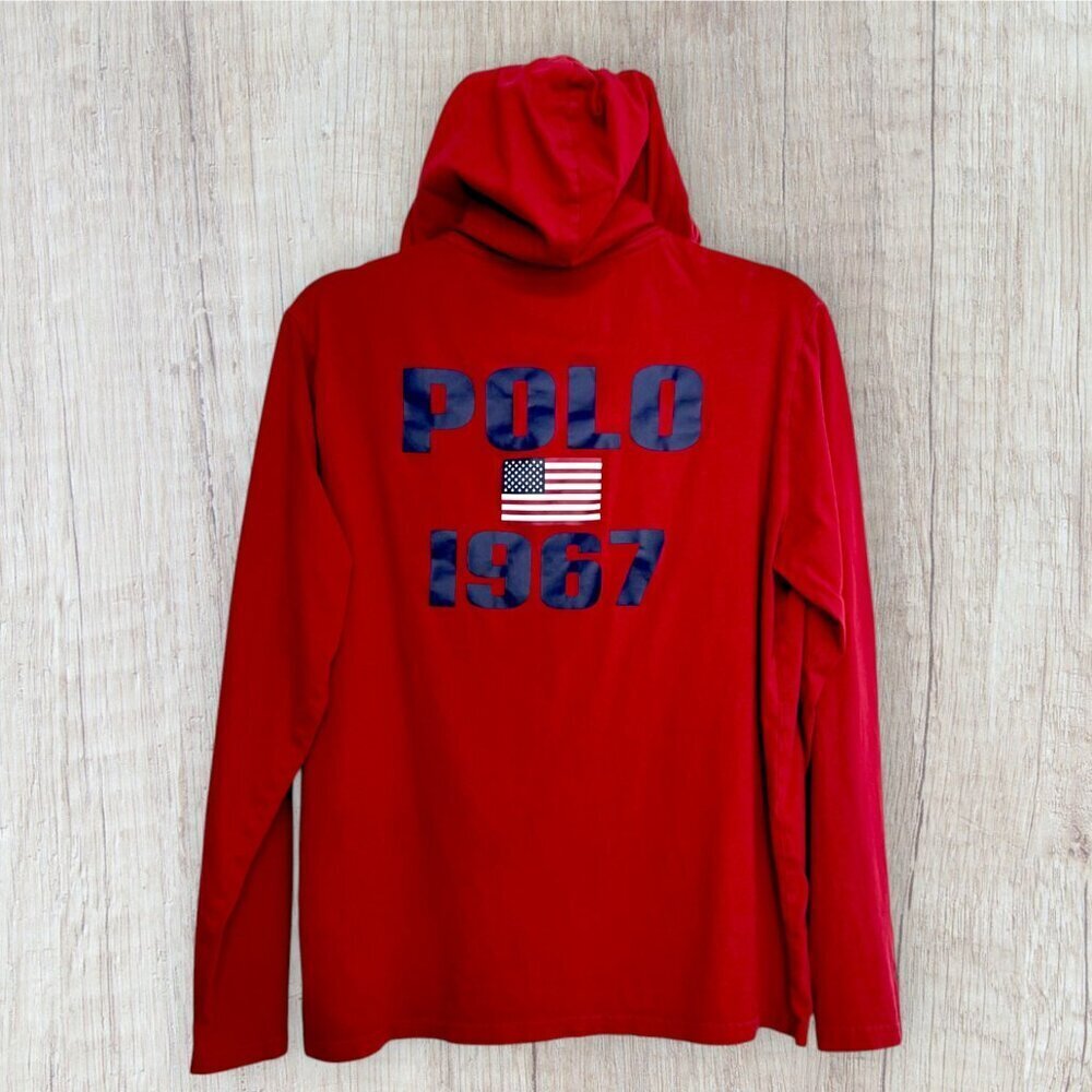 POLO RALPH LAUREN Big Pony Red Hoodie T-Shirt USA Flag 1967 Long Sleeve Mens M